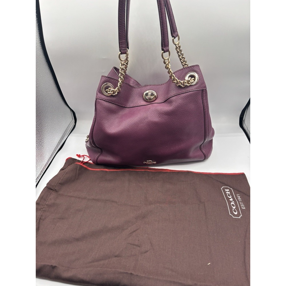 Coach‎ Edie Purple Pebbled Leather Turnlock Chain Strap Shoulder Bag W/ Dustbag